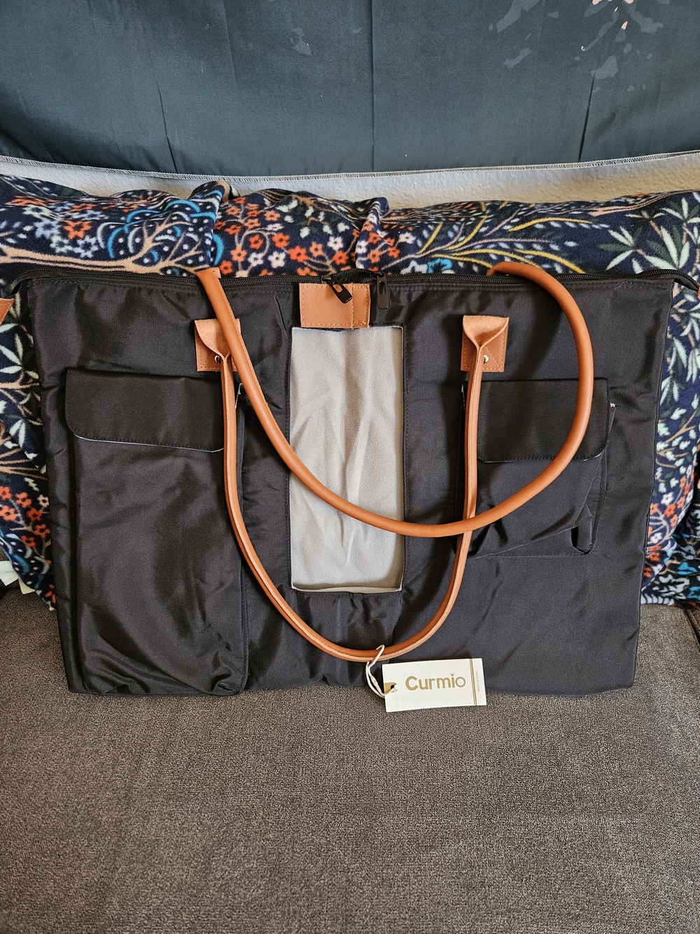 Black Laptop Tote Bag with Brown Handles